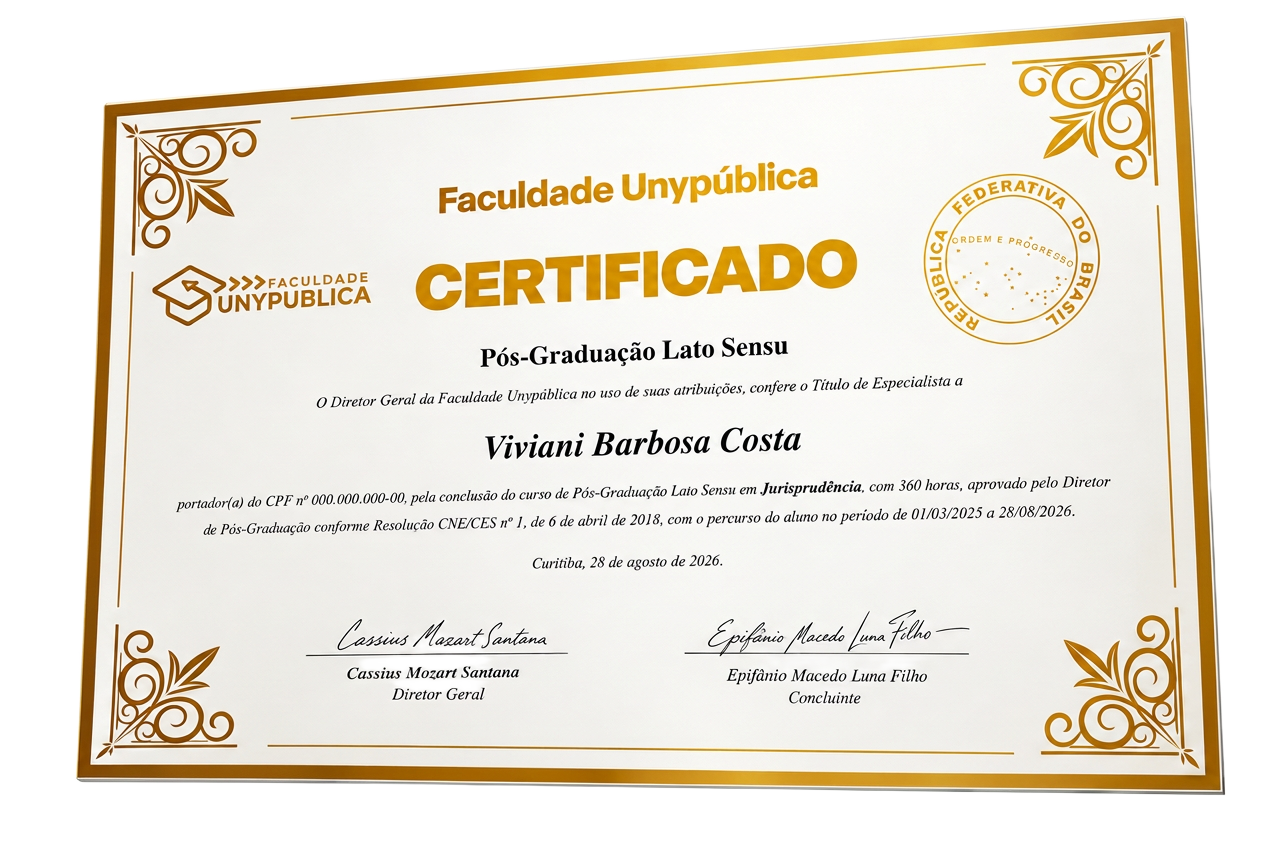 Modelo do certificado de Pós-Graduação da Faculdade Unypública